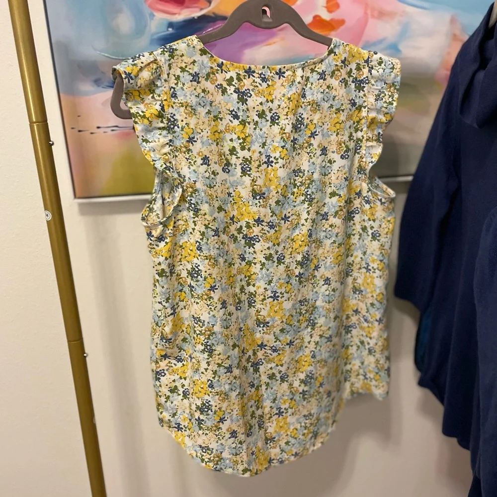 LC Lauren Conrad Yellow and Blue Floral Blouse ruffle cottage flirty feminine - Picture 3 of 5
